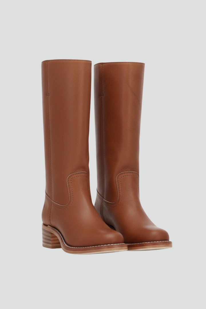 Women's Knee-High Boots with Round Toe and Block Heel in Brown | Roselva