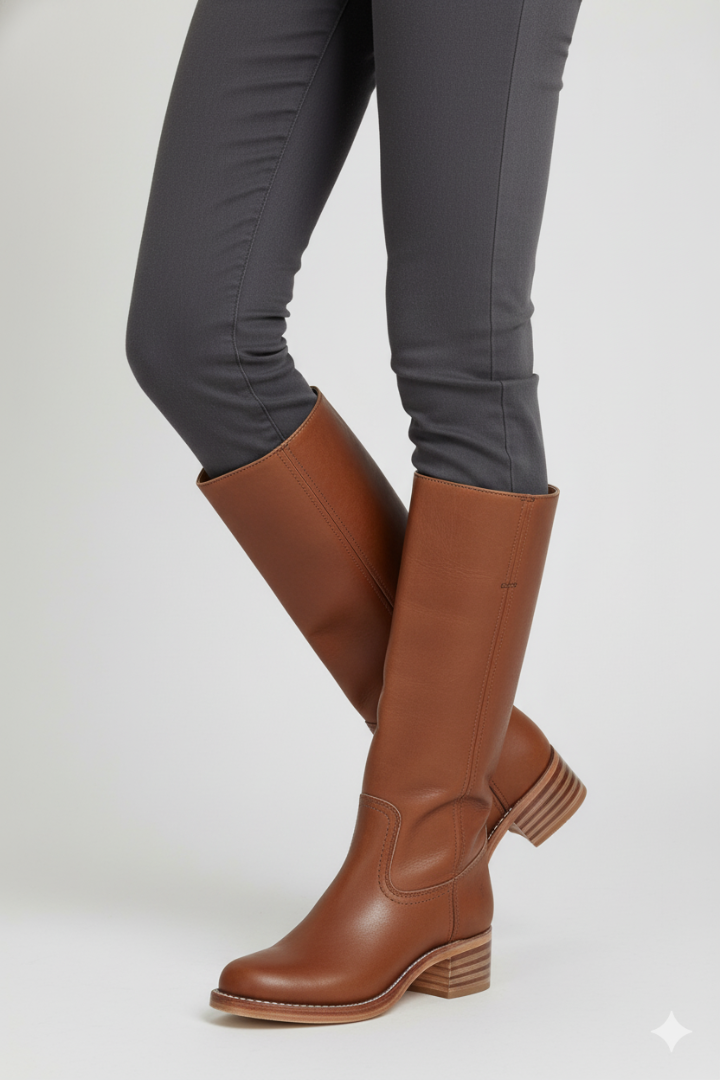 Women's Knee-High Boots with Round Toe and Block Heel in Brown - View 2.0 | Roselva