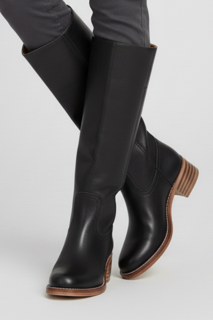 Women's Knee-High Boots with Round Toe and Block Heel in Brown - View 5.0 | Roselva