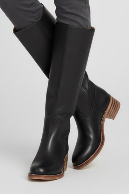 Women's Knee-High Boots with Round Toe and Block Heel in Brown - View 5.0 | Roselva