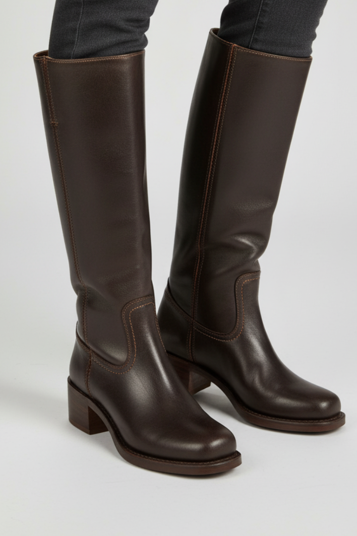 Women's Knee-High Boots with Round Toe and Block Heel in Brown - View 7.0 | Roselva