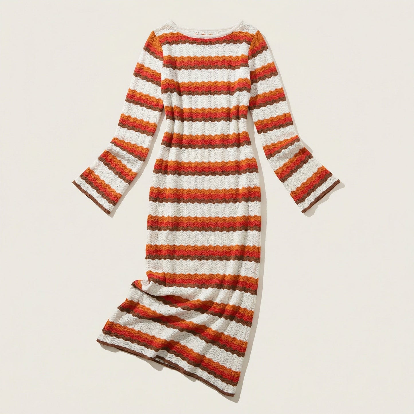 Women’s Knit Maxi Dress – Long-Sleeve Striped Design
