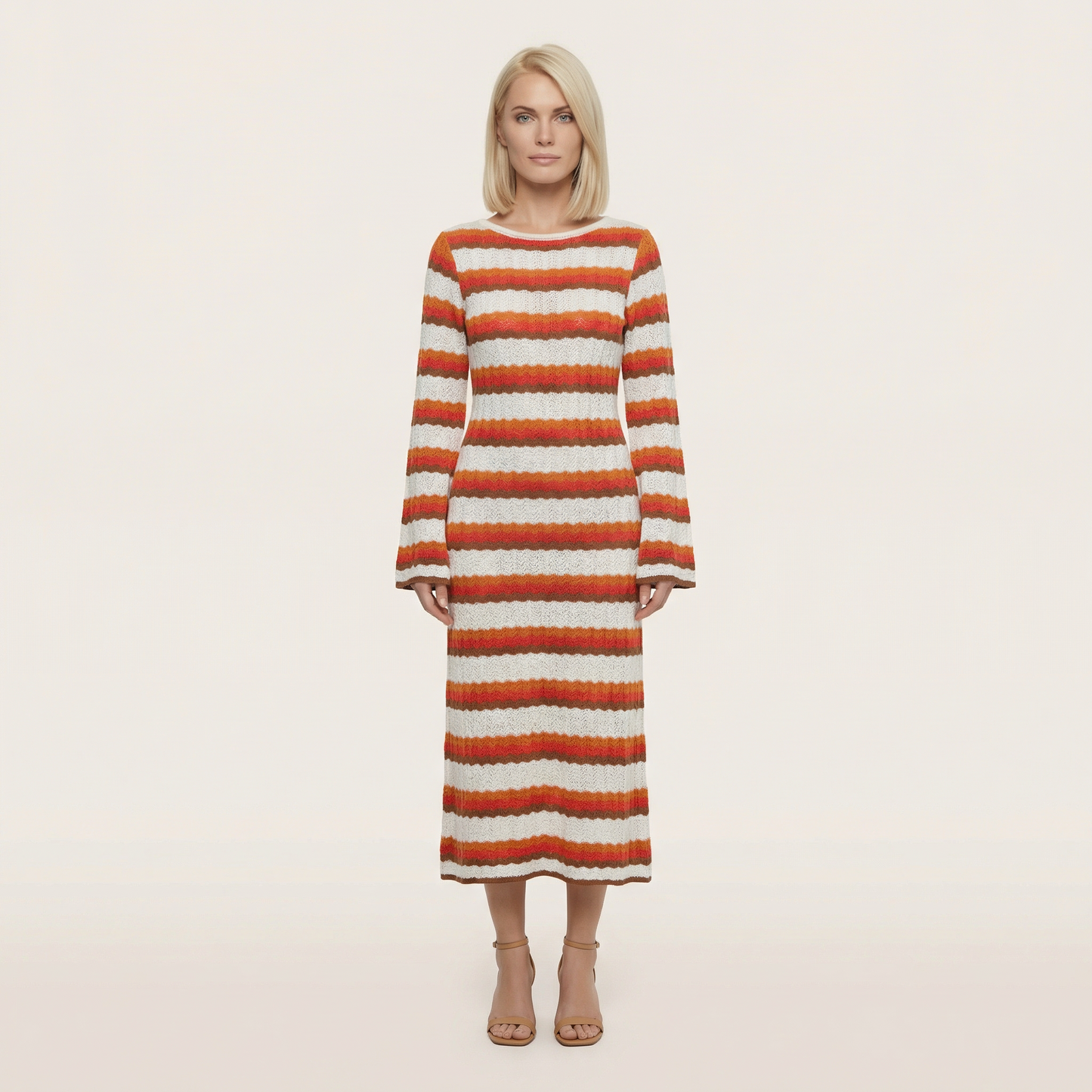 Women’s Knit Maxi Dress – Long-Sleeve Striped Design