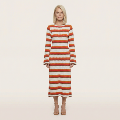 Women’s Knit Maxi Dress – Long-Sleeve Striped Design