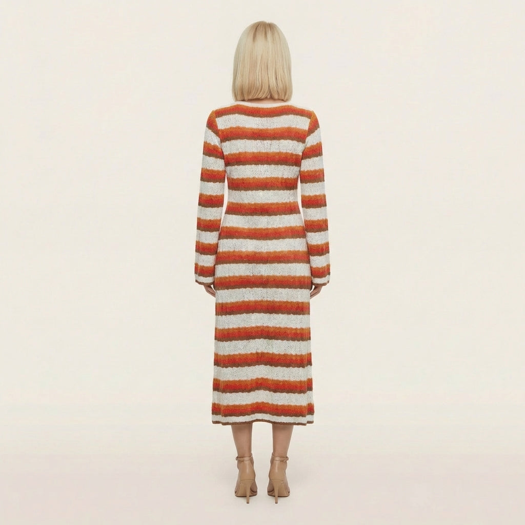 Women’s Knit Maxi Dress – Long-Sleeve Striped Design