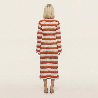 Women’s Knit Maxi Dress – Long-Sleeve Striped Design