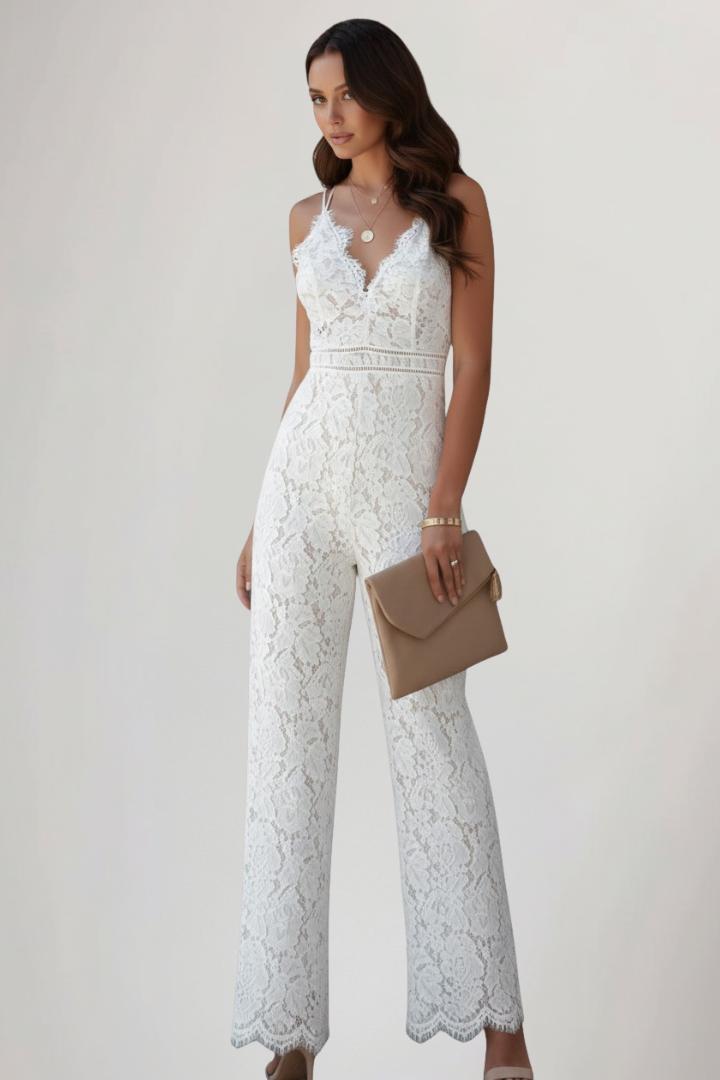 Women's Lace Jumpsuit with V-Neck in White - View 5.0 | Roselva
