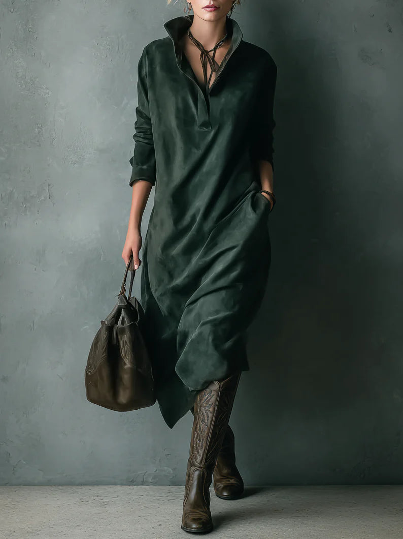 Aleksandra - Zielona luźna suede sukienka midi