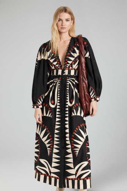 Women's Maxi Dress with V-Neck and Long Sleeves in Green - View 9.0 | Roselva
