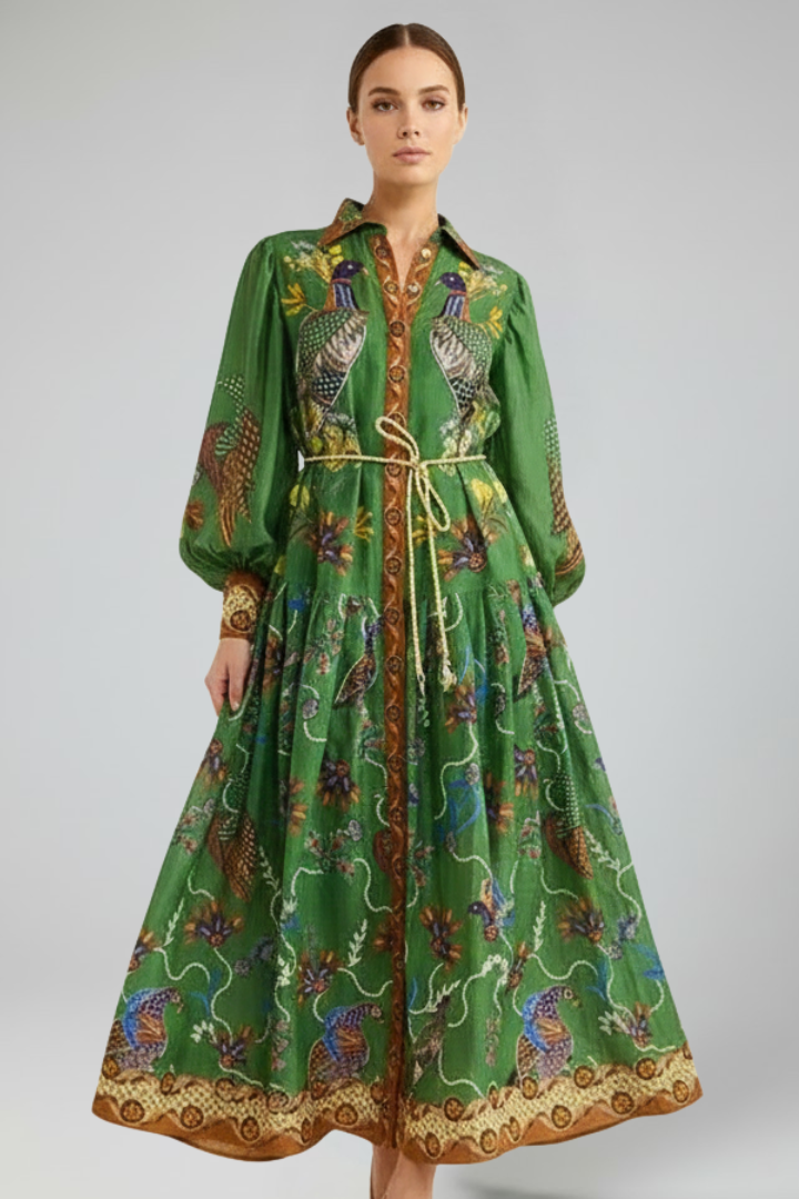 Women's Maxi Dress with V-Neck and Long Sleeves in Green - View 8.0 | Roselva
