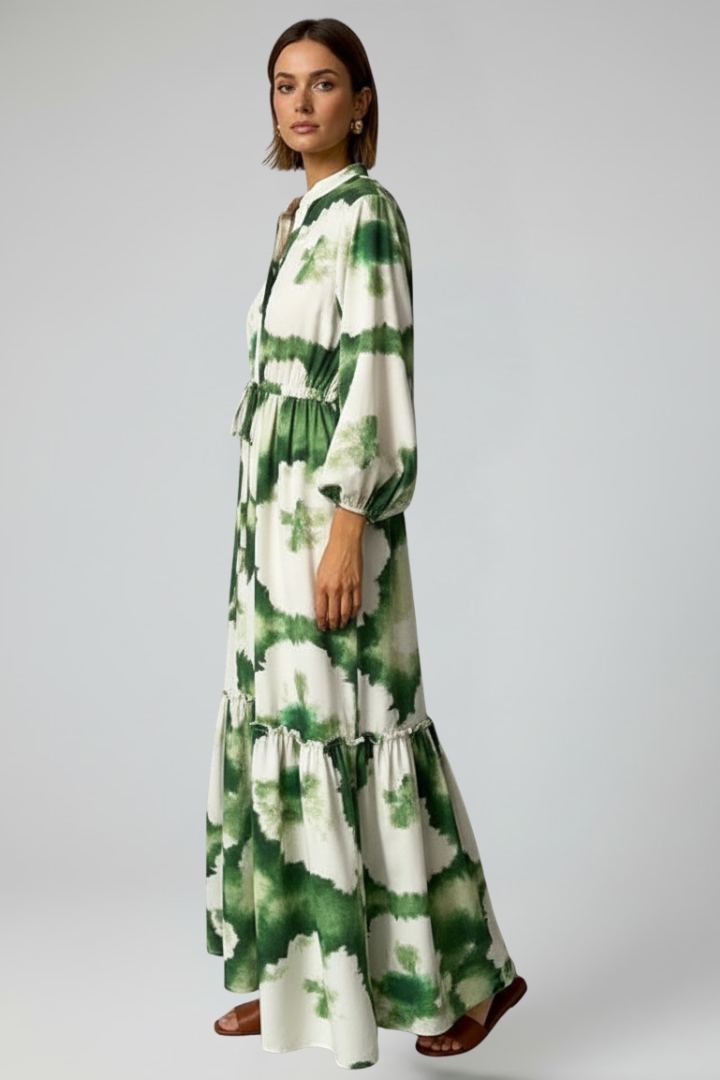 Women's Maxi Dress with V-Neck and Long Sleeves in Green - View 3.0 | Roselva