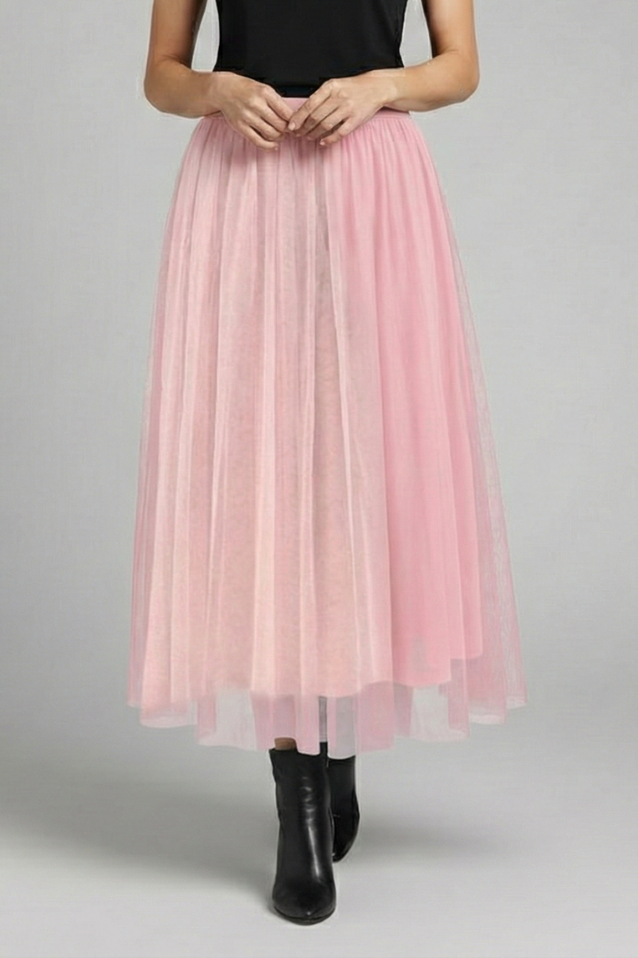 Damska Spódnica Midi z Elastycznym Pasem i Warstwową Siateczką - Czarny