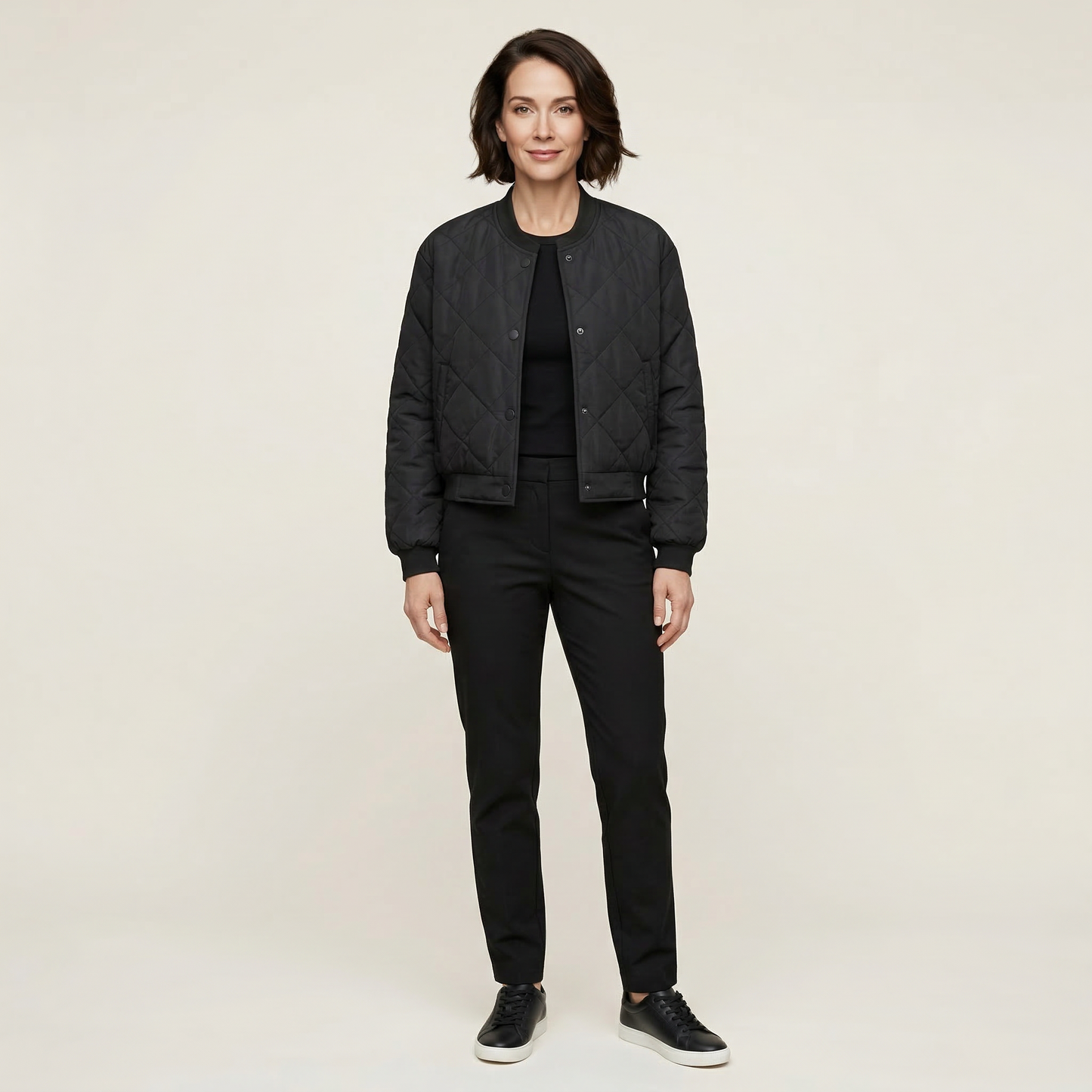 Women’s Quilted Bomber Jacket – Snap Button Front Design