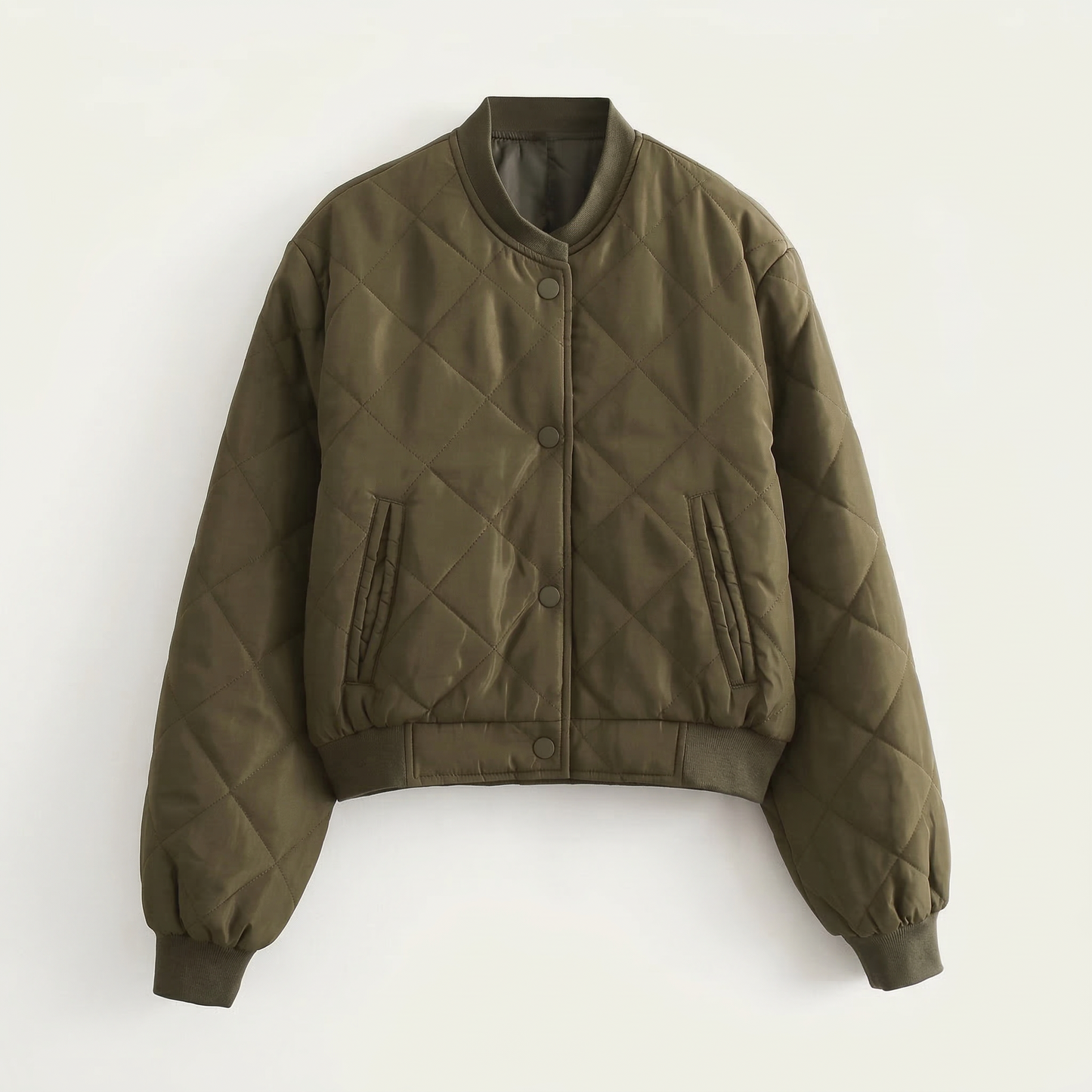 Women’s Quilted Bomber Jacket – Snap Button Front Design