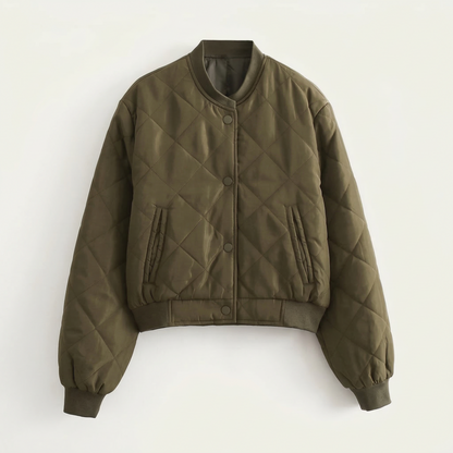 Women’s Quilted Bomber Jacket – Snap Button Front Design