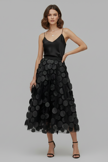 Women's Polka Dot Full Skirt in Black - View 2.0 | Roselva