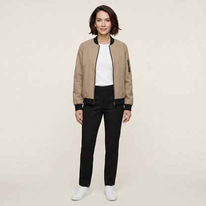 Women’s Bomber Jacket – Zip-Front Ribbed Collar Design