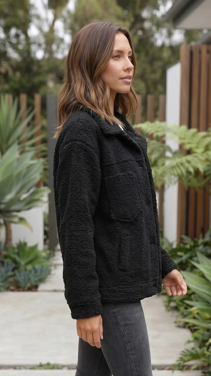 Women's Button-Up Teddy Fleece Jacket with Pockets
