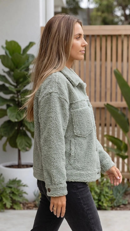 Women's Button-Up Teddy Fleece Jacket with Pockets