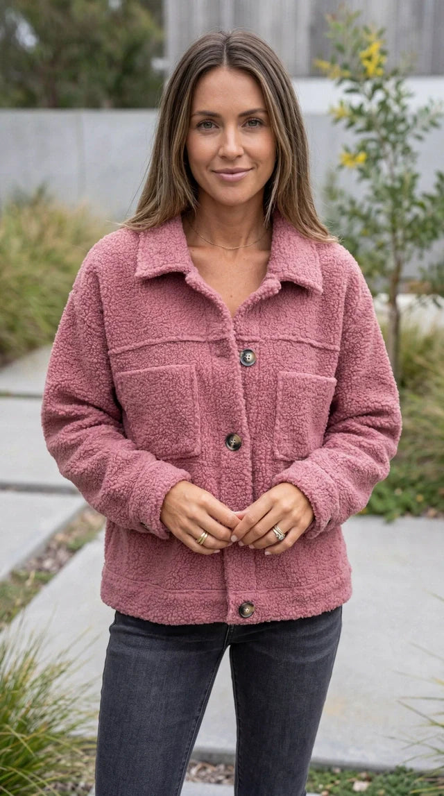 Women's Button-Up Teddy Fleece Jacket with Pockets