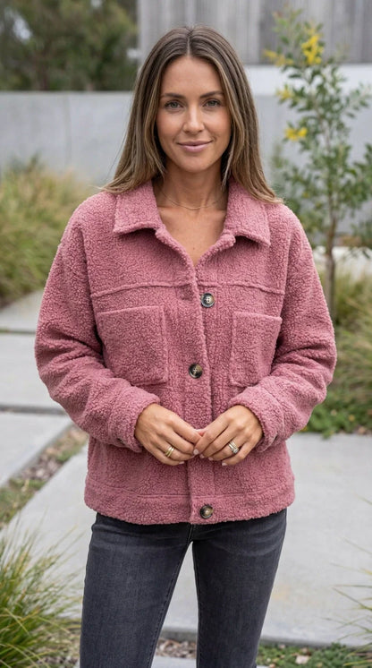 Women's Button-Up Teddy Fleece Jacket with Pockets