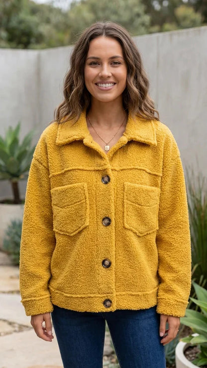 Women's Button-Up Teddy Fleece Jacket with Pockets