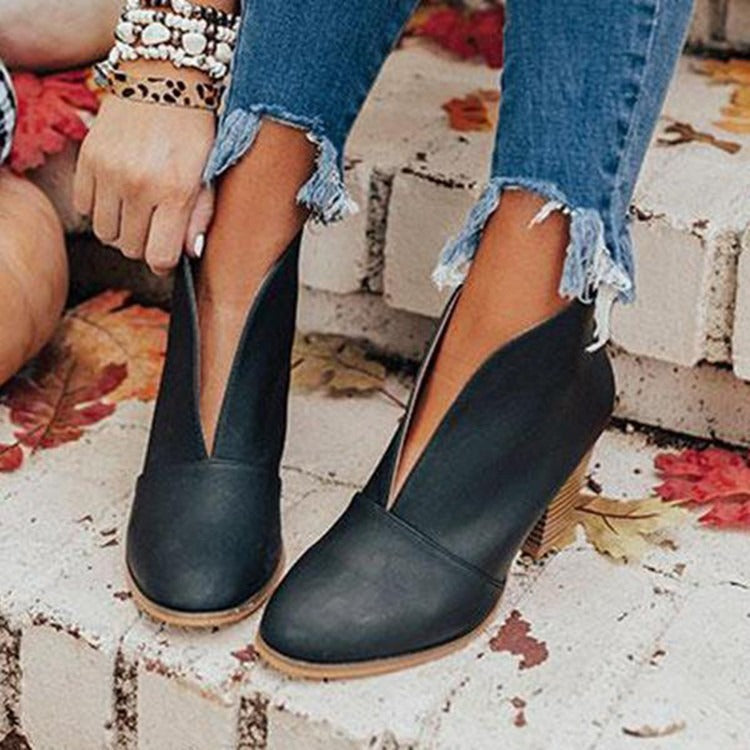 Bottines Femme à Coupe V – Style Chic à Enfiler avec Talon Épais