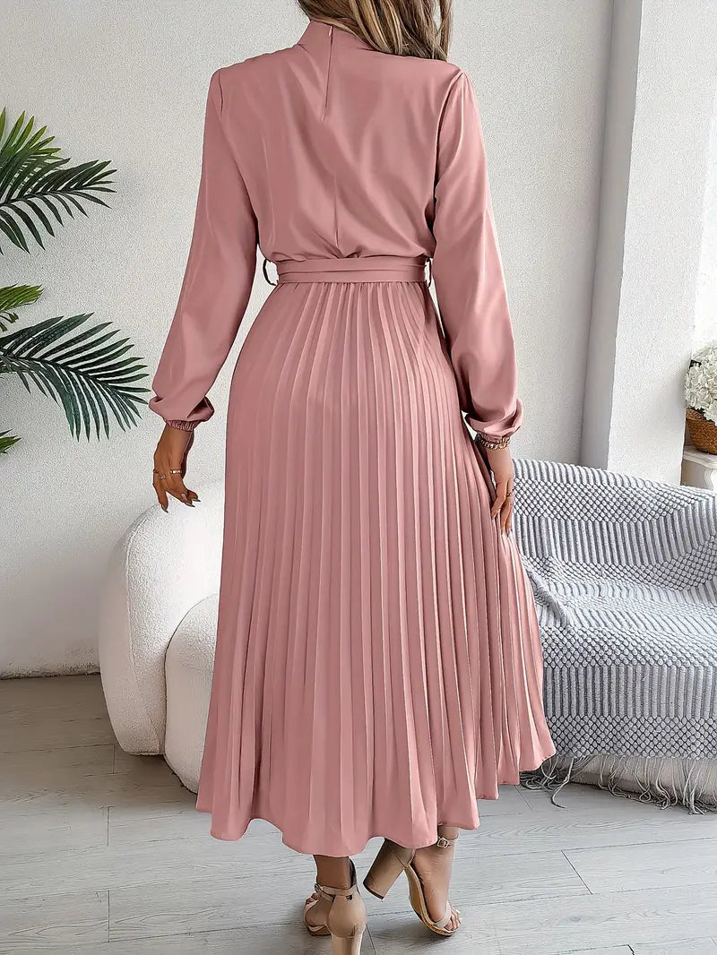 Women’s Pleated Midi Dress – Elegant Flow & Belted Waist