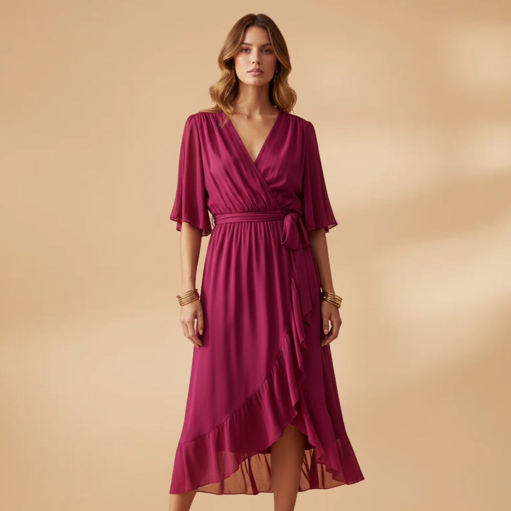 Women’s Chiffon Dress with V-Neck and Flowing Skirt