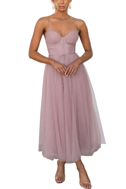 Women's Summer Corset Midi Dress with Tulle Skirt and Spaghetti Straps