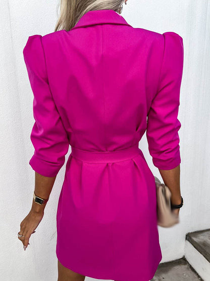 Women's Double-Breasted Blazer Mini Dress with Puff Sleeve and Belt
