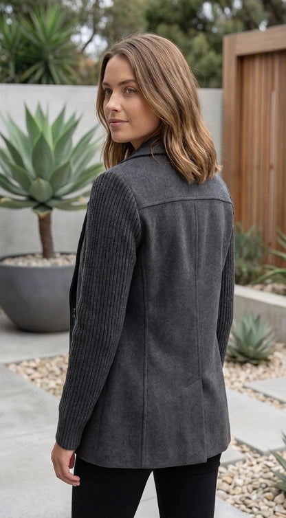 Women’s Double Breasted Blazer Jacket With Ribbed Knit Sleeves