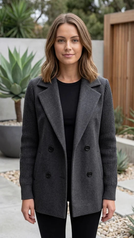 Women’s Double Breasted Blazer Jacket With Ribbed Knit Sleeves