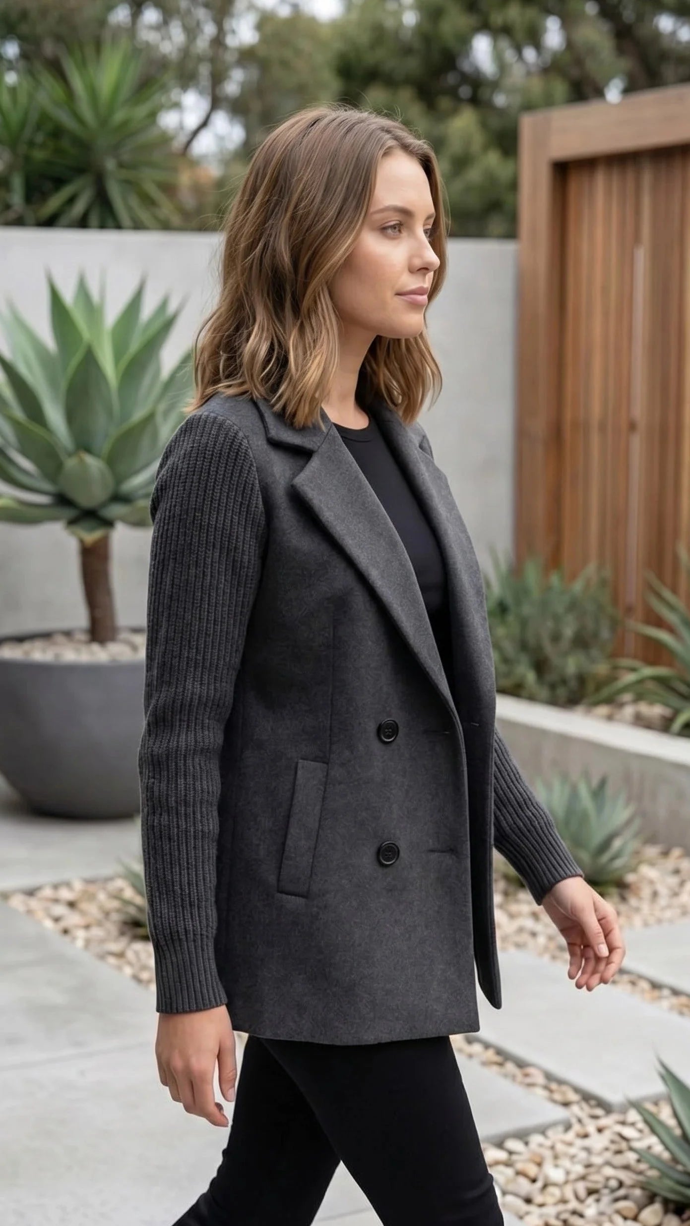 Women’s Double Breasted Blazer Jacket With Ribbed Knit Sleeves