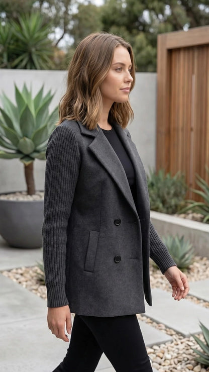 Women’s Double Breasted Blazer Jacket With Ribbed Knit Sleeves