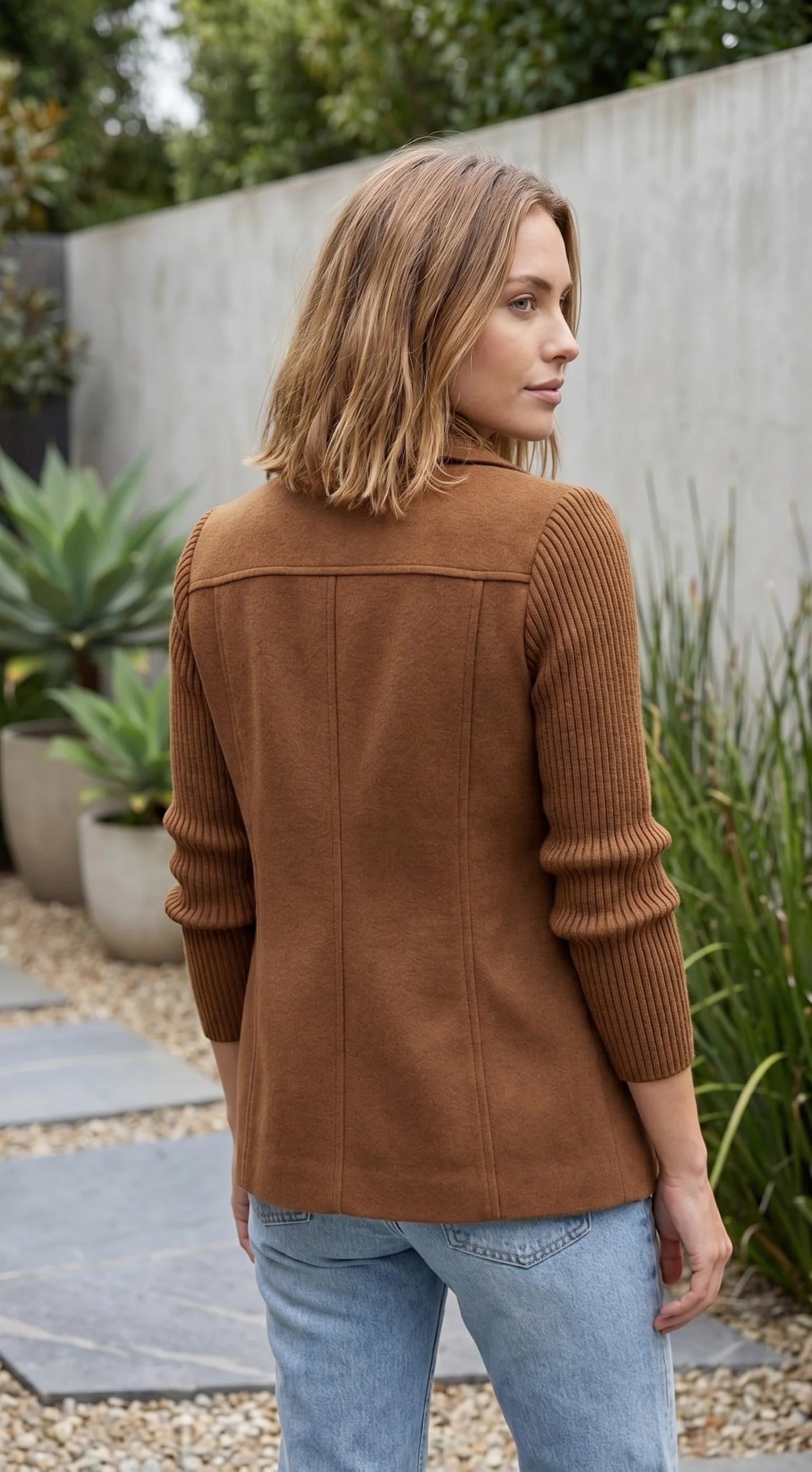 Women’s Double Breasted Blazer Jacket With Ribbed Knit Sleeves