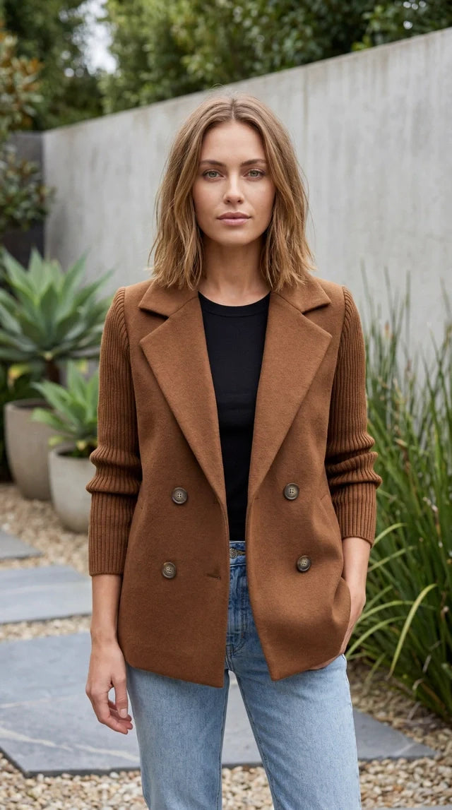 Women’s Double Breasted Blazer Jacket With Ribbed Knit Sleeves