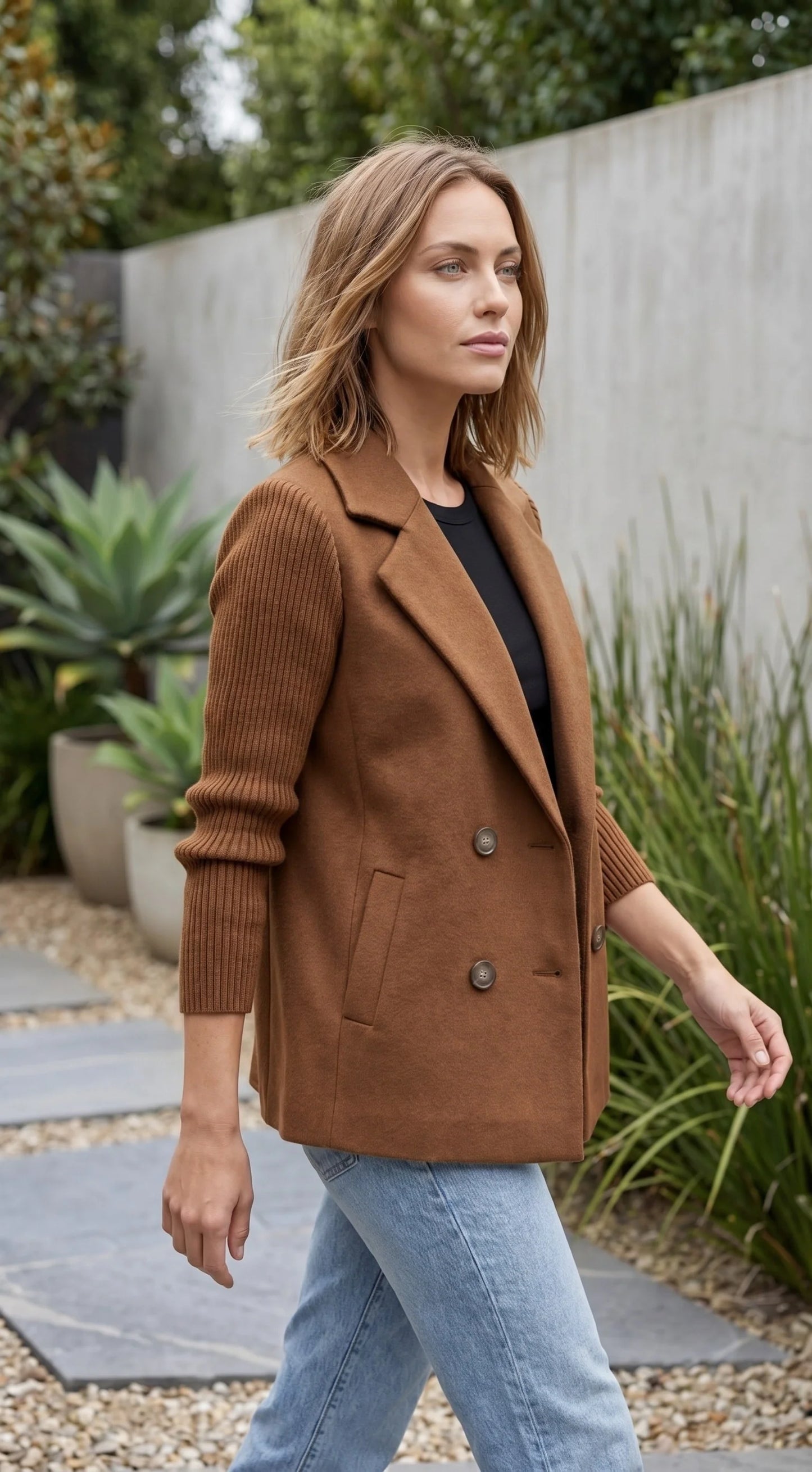 Women’s Double Breasted Blazer Jacket With Ribbed Knit Sleeves
