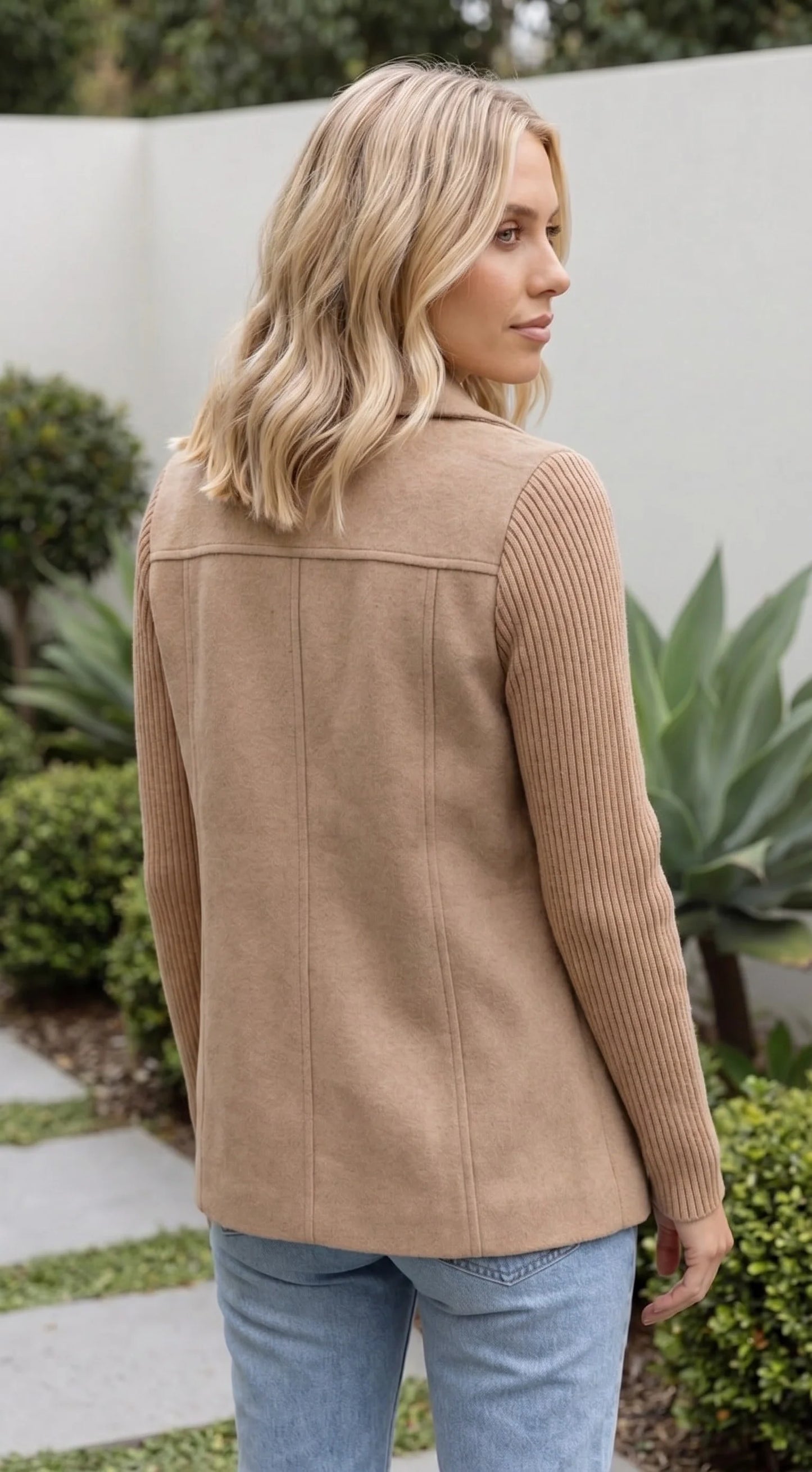 Women’s Double Breasted Blazer Jacket With Ribbed Knit Sleeves