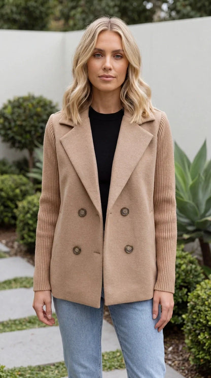 Women’s Double Breasted Blazer Jacket With Ribbed Knit Sleeves