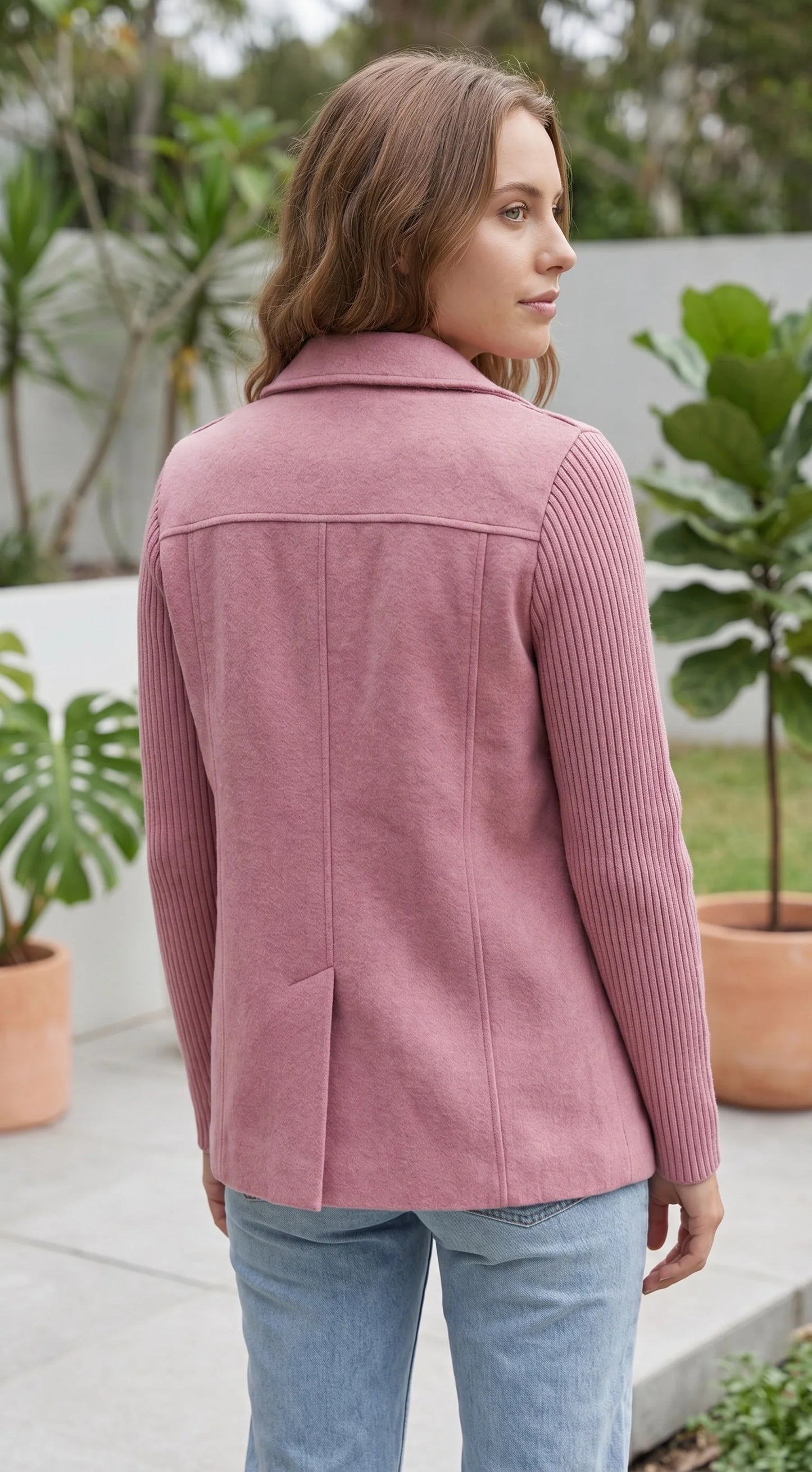 Women’s Double Breasted Blazer Jacket With Ribbed Knit Sleeves