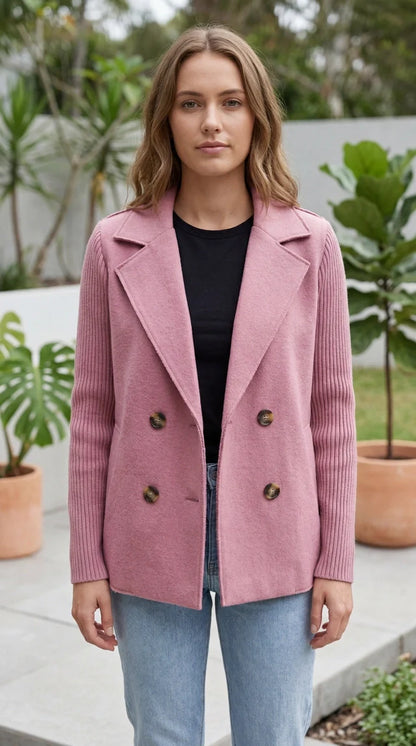 Women’s Double Breasted Blazer Jacket With Ribbed Knit Sleeves