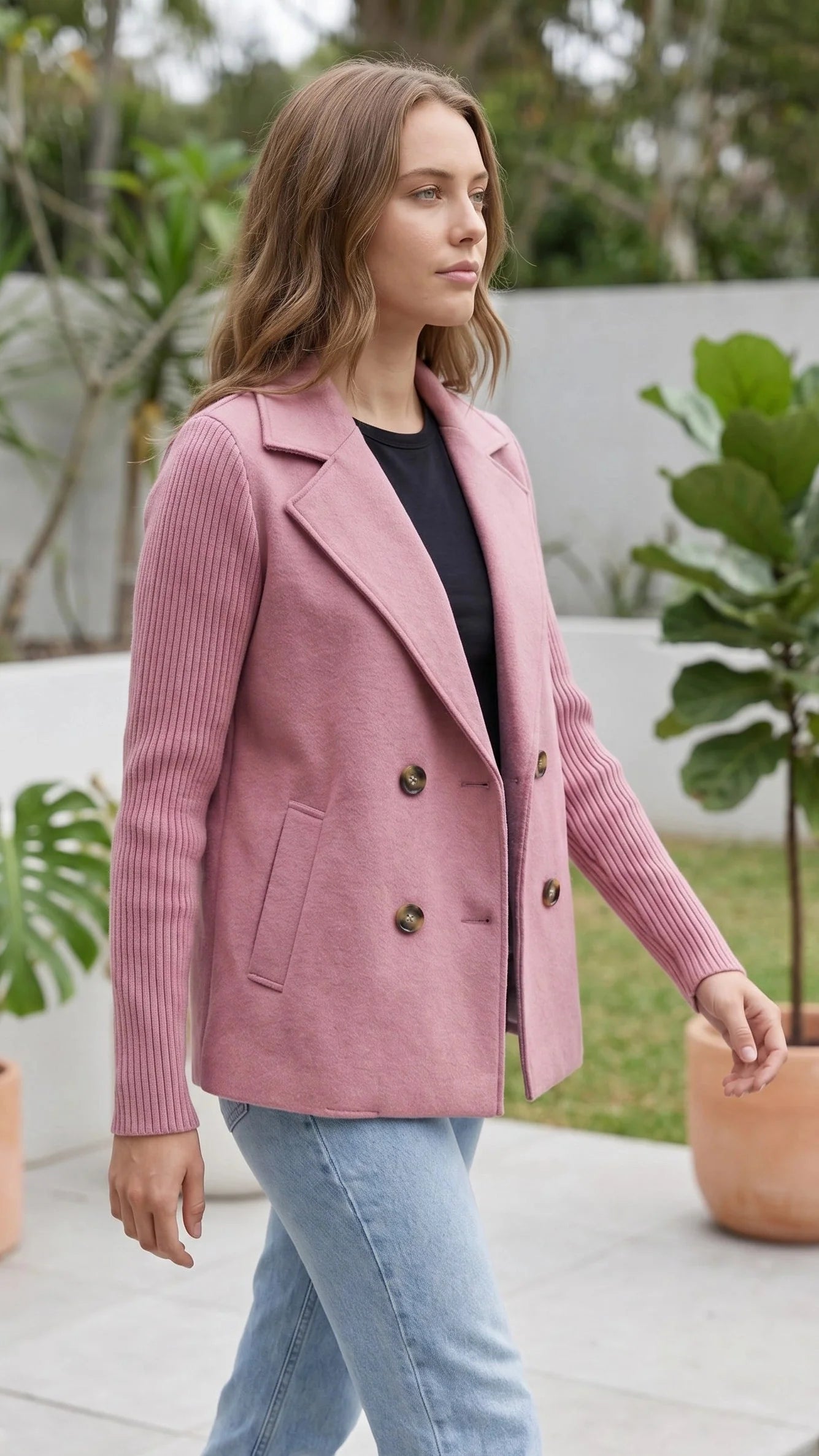 Women’s Double Breasted Blazer Jacket With Ribbed Knit Sleeves