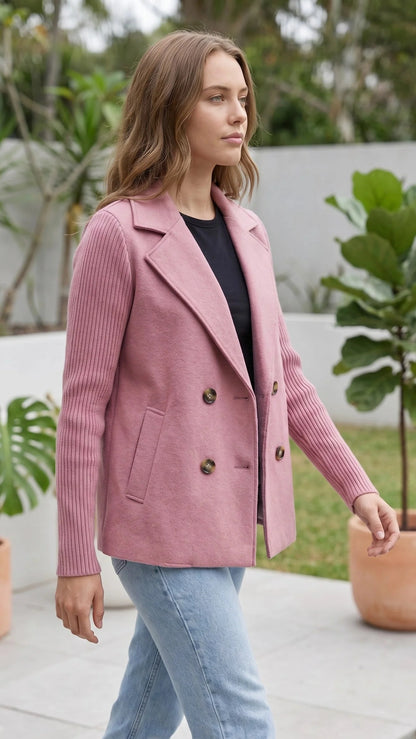 Women’s Double Breasted Blazer Jacket With Ribbed Knit Sleeves