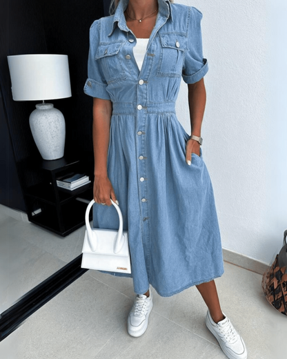 Krista Robe Midi Femme Denim – Robe Jean Boutonnée, Manches Courtes & Coupe Décontractée