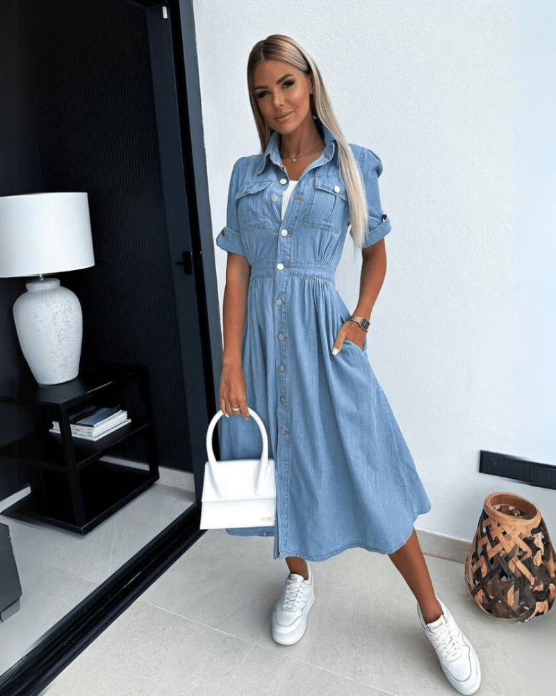 Krista Robe Midi Femme Denim – Robe Jean Boutonnée, Manches Courtes & Coupe Décontractée