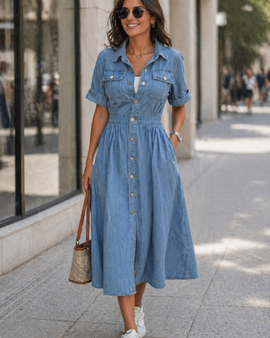 Krista Robe Midi Femme Denim – Robe Jean Boutonnée, Manches Courtes & Coupe Décontractée