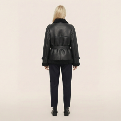 Women’s Faux Leather Shearling Jacket – Belted Warm Winter Coat