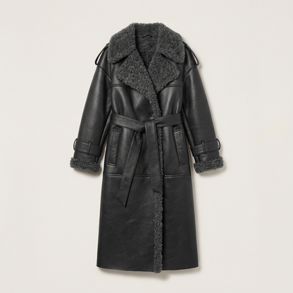 Women’s Faux Leather Shearling Jacket – Belted Warm Winter Coat