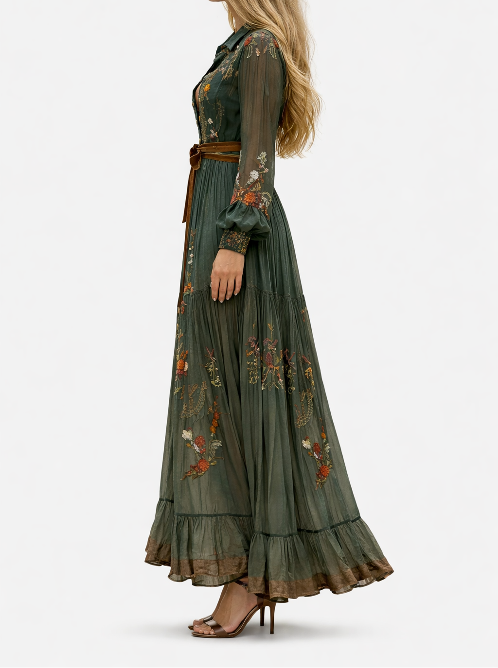 Women's Floral Embroidered Maxi Dress with Belt and V Neck